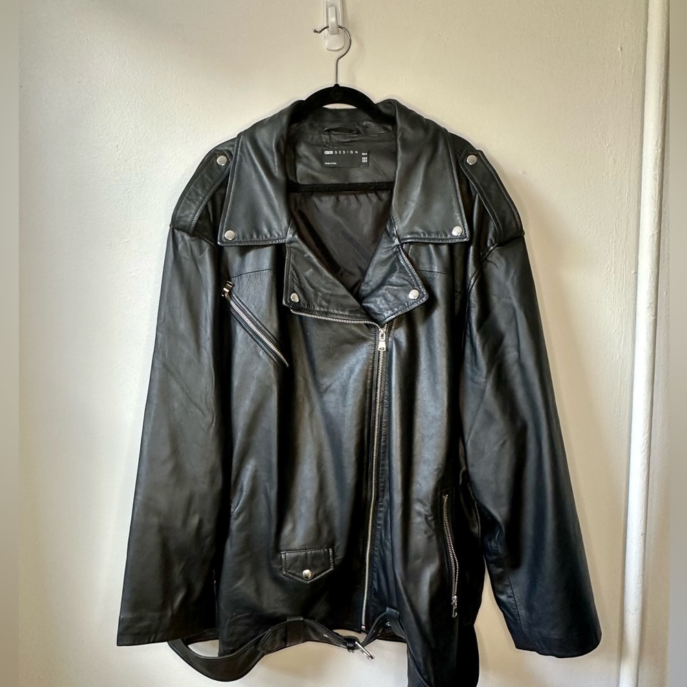 Asos curve oversized leather biker jacket in black